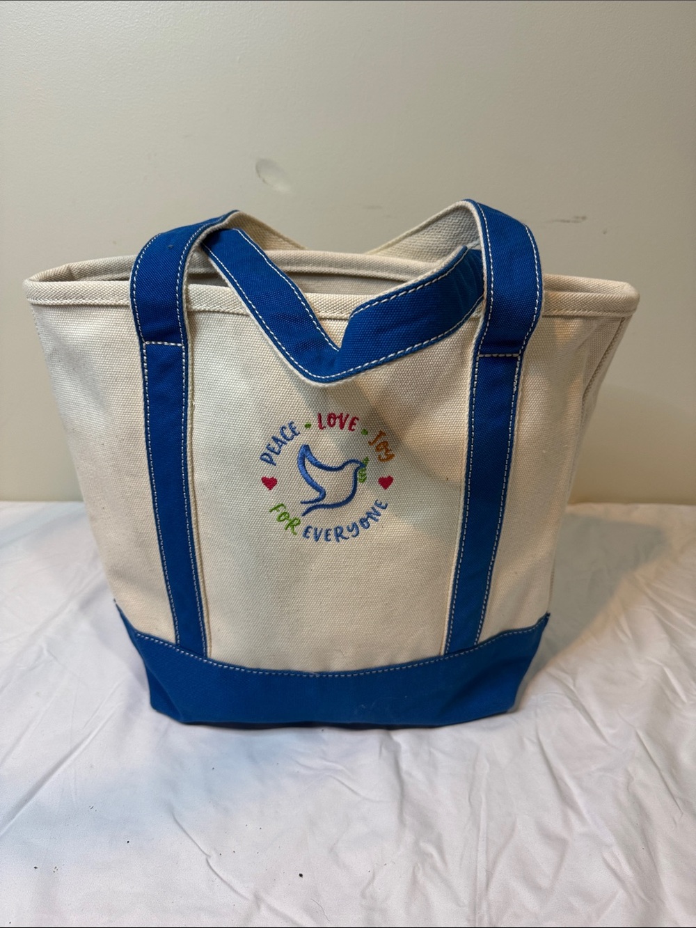 Lands' End Natural Canvas Tote with Blue Trim and Embroidered Dove